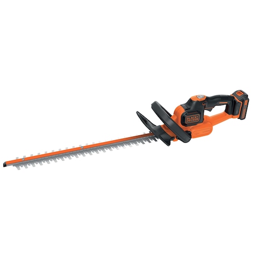 BLACK+DECKER cordless hedge trimmer with an orange and black design, featuring a long cutting blade and ergonomic handle.