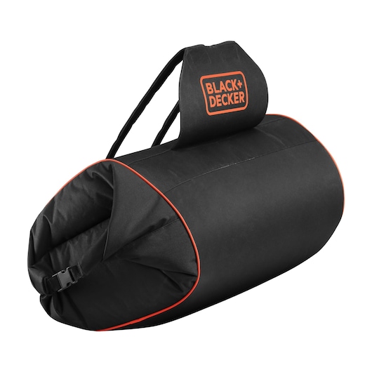 BLACK+DECKER branded black leaf collection bag with orange piping and a handle, designed for use with outdoor gardening equipment.