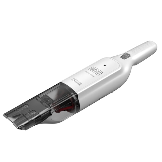 BLACKDECKER HLVC315B11 handheld cordless vacuum in white, angled on white background.