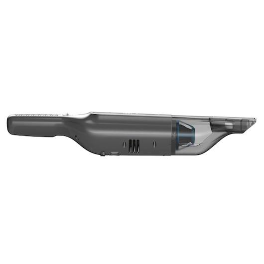 Side view of a BLACK+DECKER handheld cordless vacuum cleaner, model HLVC320J11, showing its sleek grey body and transparent dust compartment.