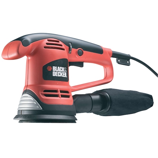 A BLACK+DECKER electric sander with a red and black body, dust bag attached, and sanding pad. The tool is designed for smoothing surfaces and finishing woodwork.