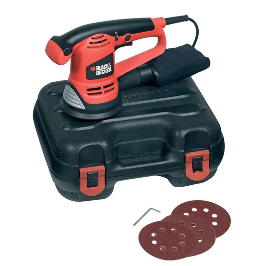 A BLACK+DECKER orbital sander set. The image shows the red and black electric sander placed on top of a black carrying case, with three sanding discs and an Allen key displayed in the foreground.