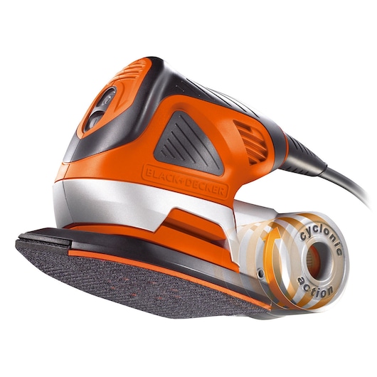 A close-up view of a BLACK+DECKER KA272 electric hand sander in orange and black, showing the sanding pad and a cyclonic action dust collection attachment.