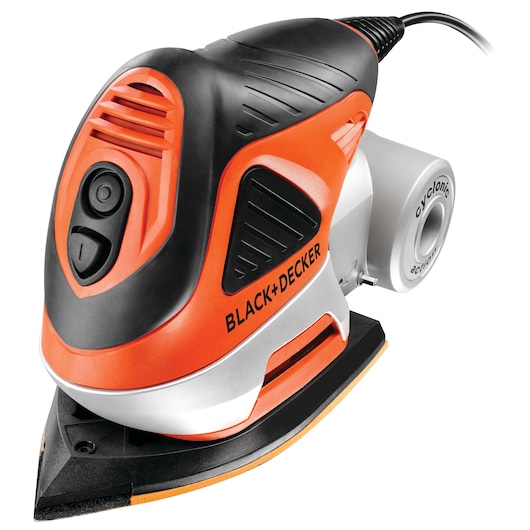 A close-up image of a BLACK+DECKER KA272 electric detail sander in orange, black, and silver colors. The device has a pointed sanding pad and a dust extraction attachment.
