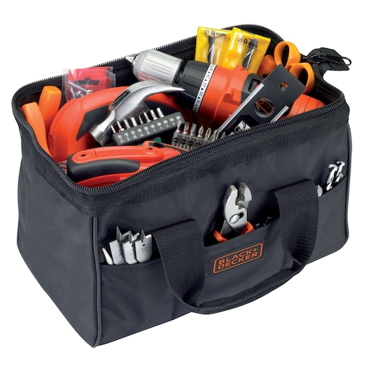 A BLACK+DECKER branded black tool bag filled with various tools including a drill, hammer, screwdrivers, pliers, bits, and other hand tools.