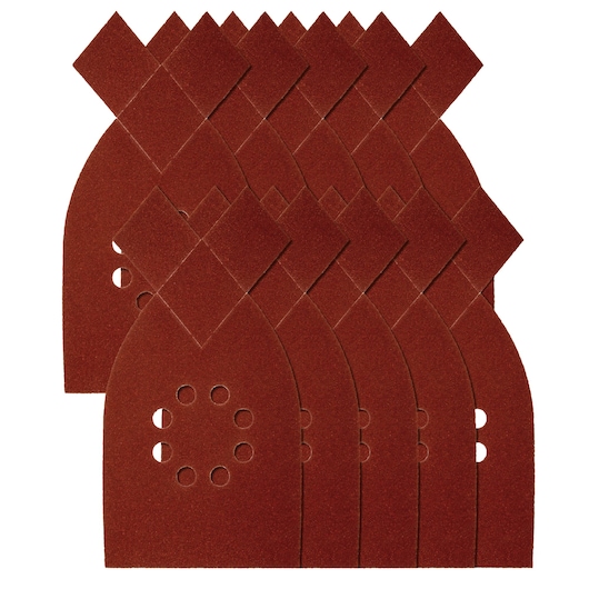 A set of brown pointed sanding sheets with circular holes, arranged in a fan-like stack.