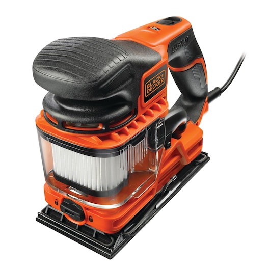 A BLACK+DECKER electric sander with a rectangular sanding base, orange and black design, and an integrated dust collection system.