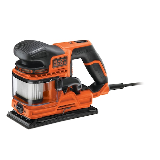 A BLACK+DECKER electric sander with a rectangular base, orange and black design, and a visible dust collection container attached to the side.