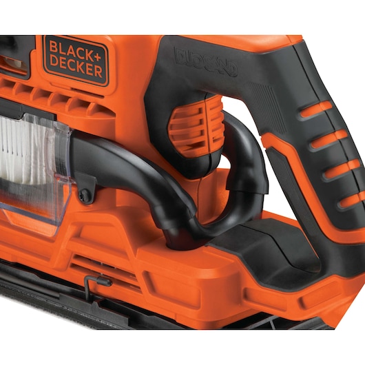 BLACK+DECKER KA330E detail photo of orange and black electric sander with visible dust collector and ergonomic handle.