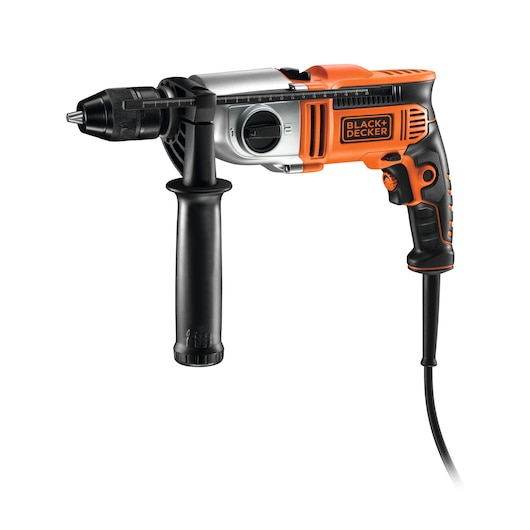 A BLACK+DECKER corded electric drill with an auxiliary handle and depth gauge, featuring orange and black color accents.
