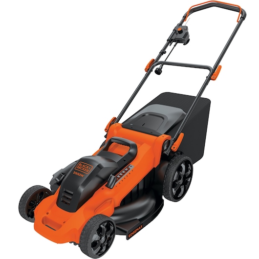 A BLACK+DECKER LM2000 electric lawn mower with orange and black colors, featuring a plastic body, four wheels, a grass collection box at the back, and an ergonomic handle.