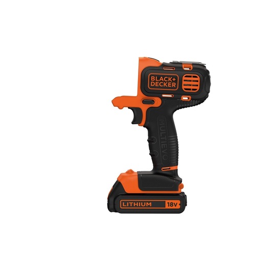 BLACKDECKER MT218K cordless power tool on white background, orange and black, side view, 18V lithium battery