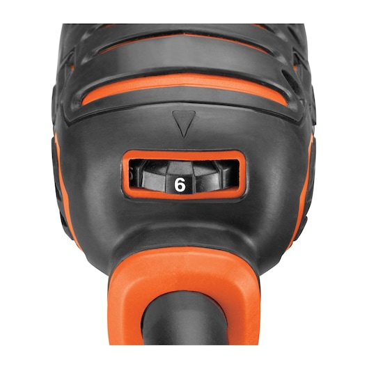 BLACKDECKER MT300KA hand tool speed dial close-up, black and orange, front angle.