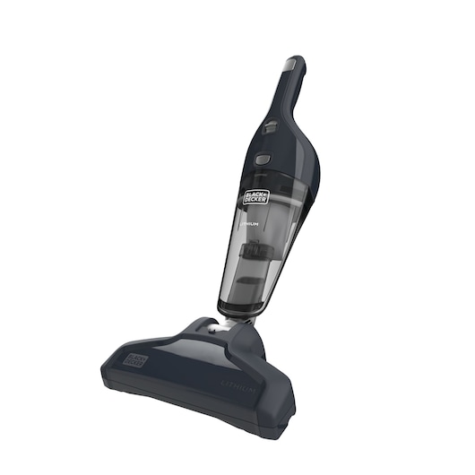 A BLACK+DECKER cordless handheld vacuum cleaner with a detachable floor head, pictured standing upright. The design is sleek and dark-colored, with visible buttons and a transparent dust container.