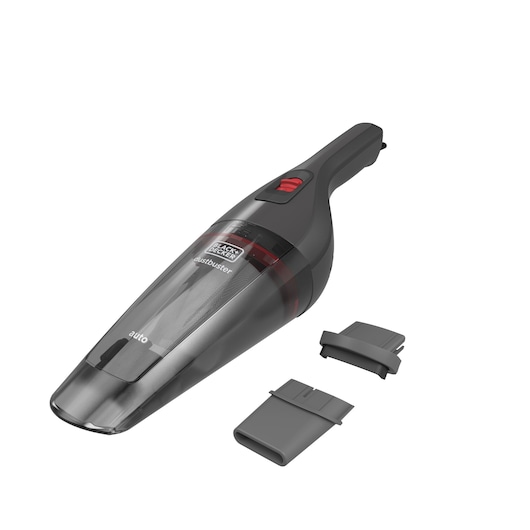 A BLACK+DECKER handheld cordless vacuum cleaner (model NVB12AVA) in black and grey, shown with two nozzle attachments placed beside it. The product is photographed on a white background.