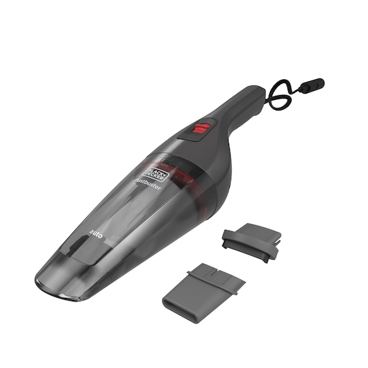 A BLACK+DECKER handheld vacuum cleaner, model NVB12AVA, shown in dark grey color with a transparent dust container. The image displays the vacuum along with two detachable nozzle accessories. The vacuum has a cord attached for power supply.