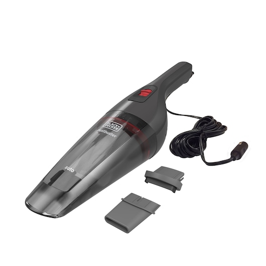 A BLACK+DECKER handheld vacuum cleaner for cars, model NVB12AVA, shown with a long cord and two nozzle attachments on a white background.