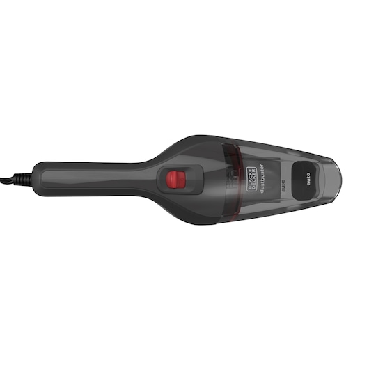 A BLACK+DECKER handheld vacuum cleaner, model NVB12AVA, shown from above. The vacuum is black with a red power button and a transparent dust compartment.