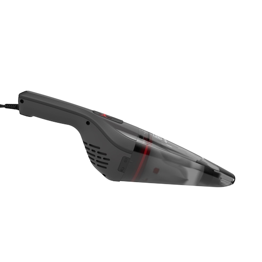 BLACKDECKER NVB12AV handheld vacuum cleaner side view, black with red accents on white background.