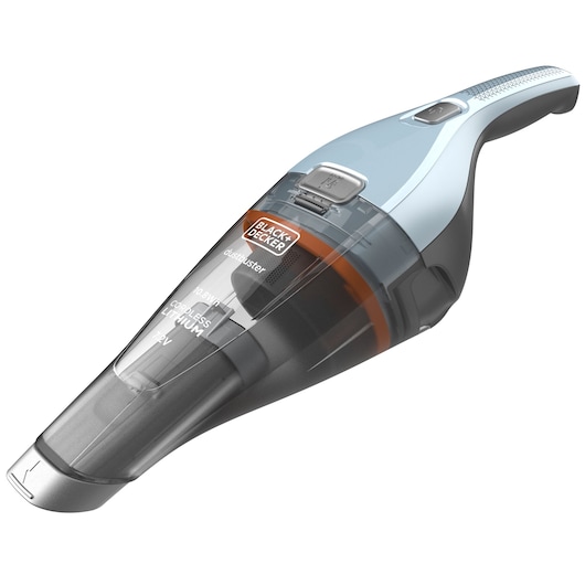 A BLACK+DECKER handheld cordless vacuum cleaner with a transparent dust container and ergonomic handle, shown on a white background.