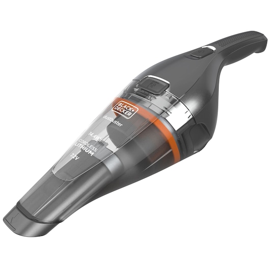 A BLACK+DECKER handheld cordless vacuum cleaner with a transparent dust container and black and orange accents. The product is compact and designed for easy cleaning of small areas.