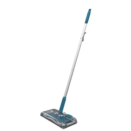 A cordless electric floor sweeper with a long handle and a rectangular cleaning head, featuring blue and silver accents.