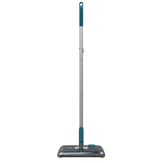 A BLACK+DECKER floor sweeper with a long handle and a rectangular cleaning head, shown against a white background.