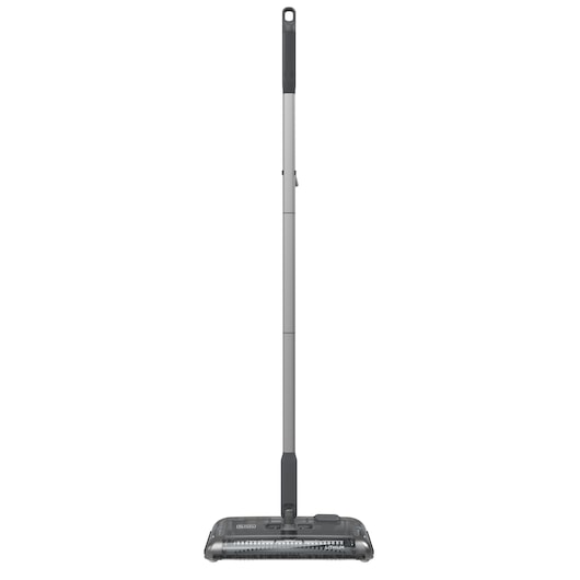 A BLACK+DECKER cordless floor sweeper with a slim, long handle and a rectangular cleaning base, shown standing upright against a white background.