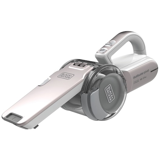 A BLACK+DECKER Dustbuster Pivot handheld vacuum cleaner with a sleek silver and gray design, featuring a pivoting nozzle and ergonomic handle.