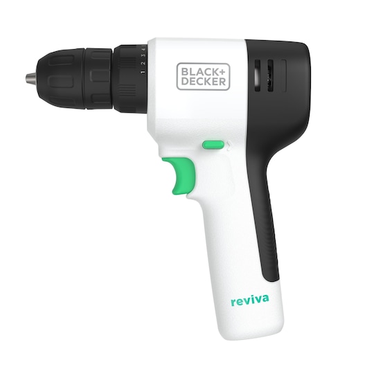 BLACK+DECKER REVDD12C cordless drill driver, white and black body, green accents, left side view, white background.