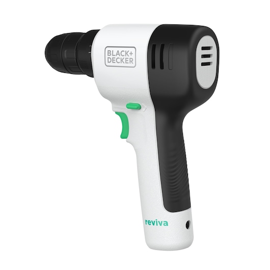 BLACK+DECKER cordless drill REVDD12C, white and black, right-side angle on white background.
