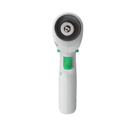 BLACKDECKER REVDD12C white handheld rotary tool front view with green button on white background
