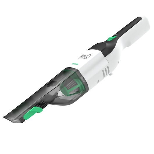 BLACKDECKER REVHV8C handheld vacuum cleaner side view with white and black body and green accents.