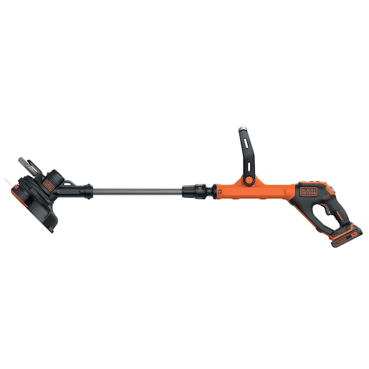 BLACKDECKER STC1820EPC orange and black cordless grass trimmer, side angle, white background.