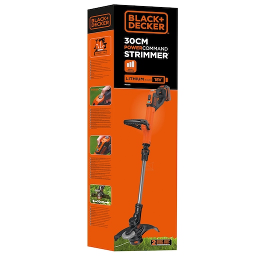 Photo of BLACK+DECKER STC1840EPC grass trimmer in packaging, 30cm 18V lithium cordless, front angle.