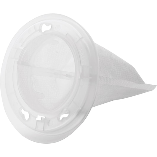 A close-up image of a BLACK+DECKER VF60 cone-shaped vacuum filter with a white plastic frame and mesh.