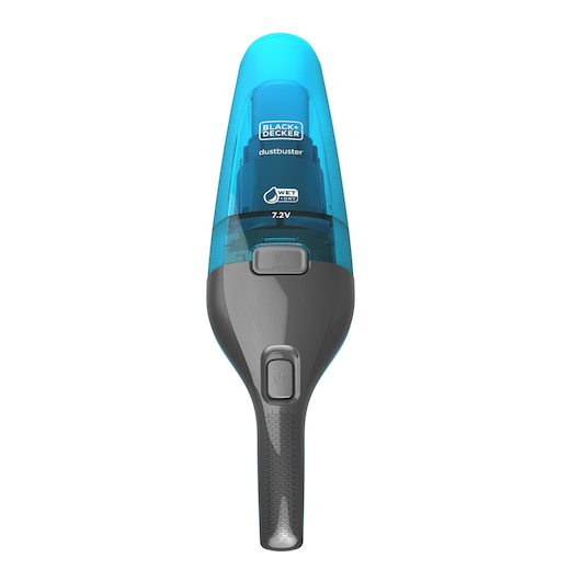 Handheld wet and dry vacuum cleaner by BLACK+DECKER, model WDC215WA, shown upright with a blue and grey design and a visible power button on the handle.